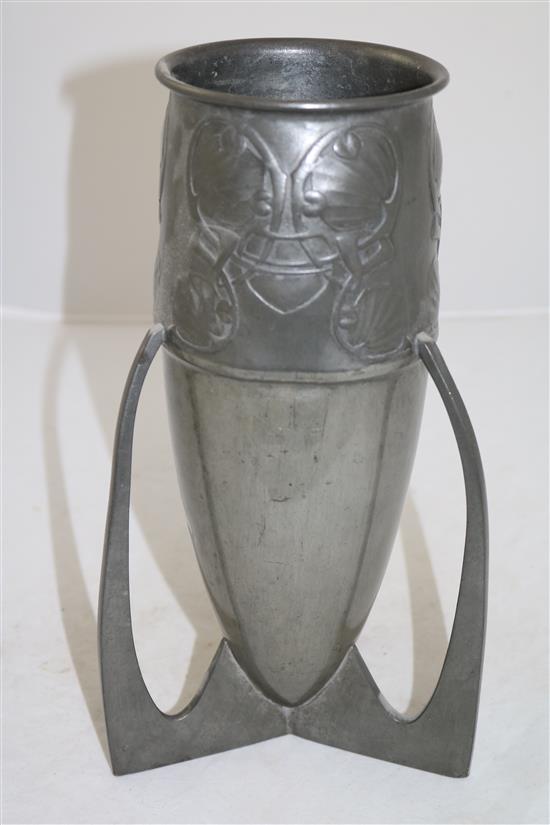 A Liberty Tudric pewter three handled vase, no.0927, 11.5in.